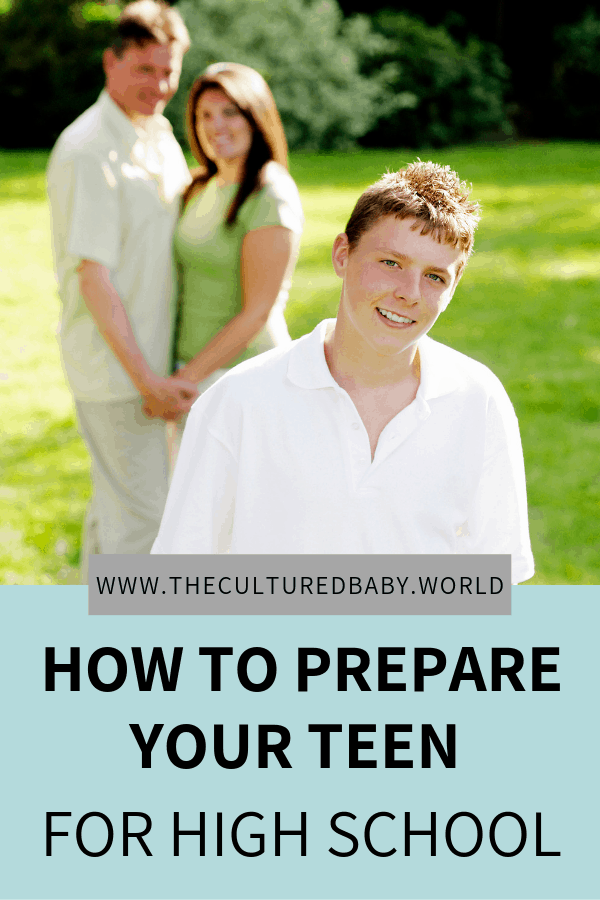 son standing in forefront with parents standing in background | advice for teens entering high school 